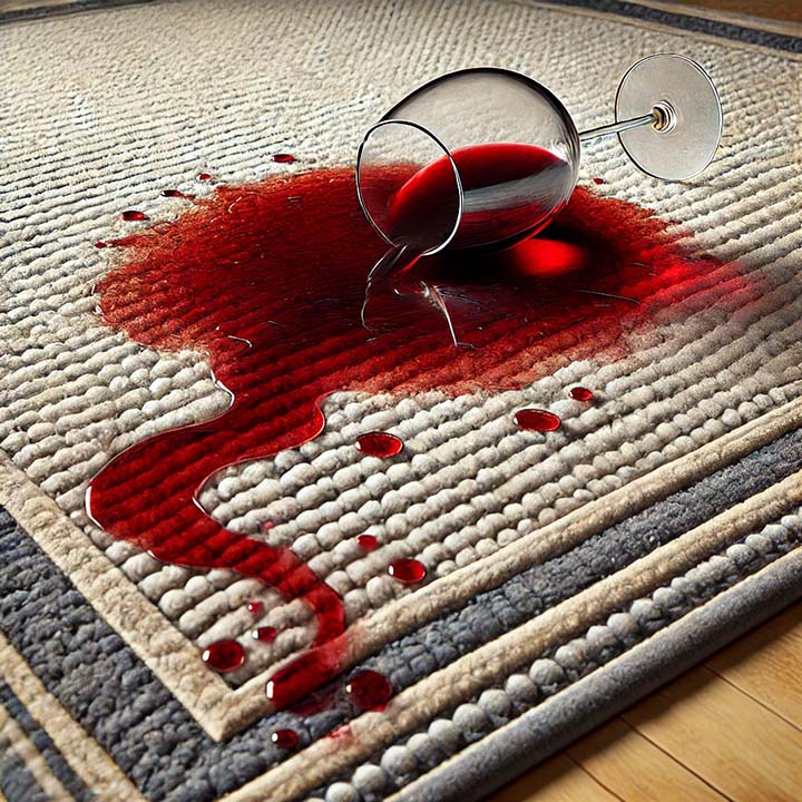 Red wine spilling on area rug